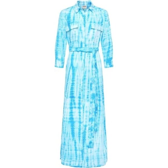 L'Agence Cameron in Aqua Bamboo Tie Dye Linen Belted Maxi Shirt Dress M